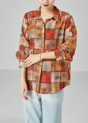 French Orange Peter Pan Collar Plaid Cotton Blouse Top Spring