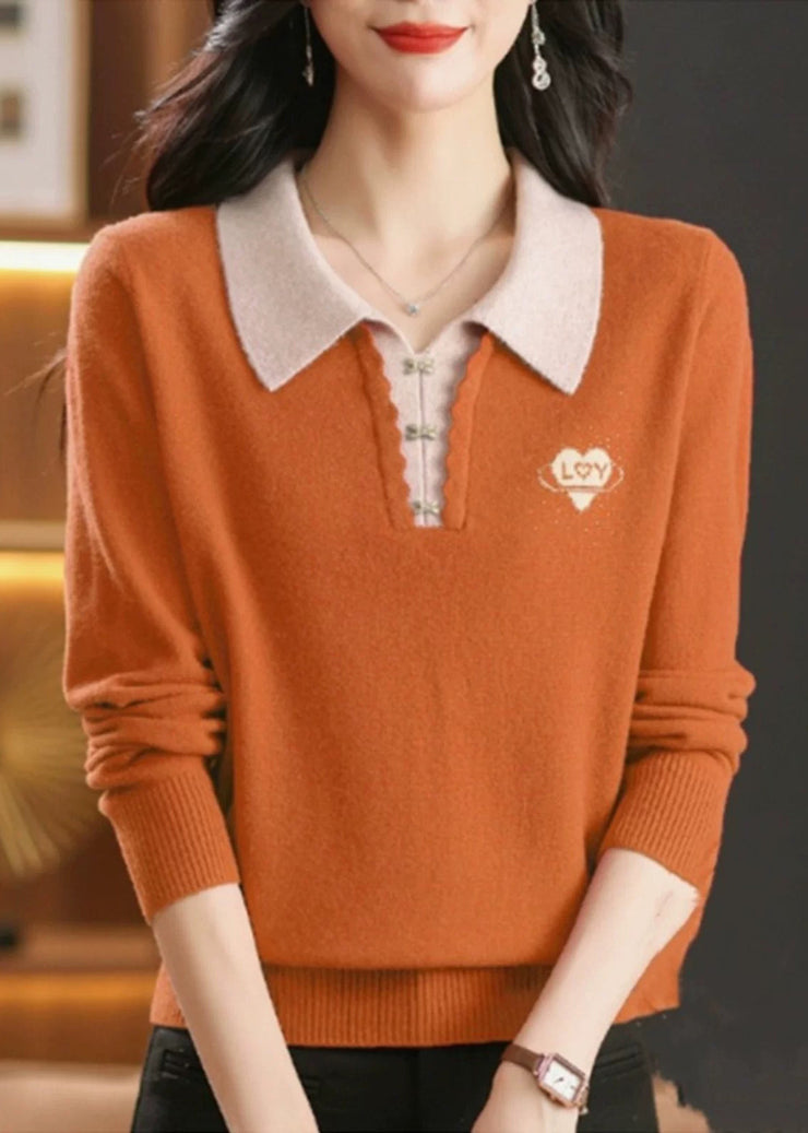 French Orange Peter Pan Collar Zircon Wool Knit Sweaters Winter