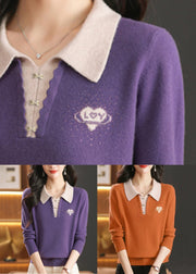 French Orange Peter Pan Collar Zircon Wool Knit Sweaters Winter