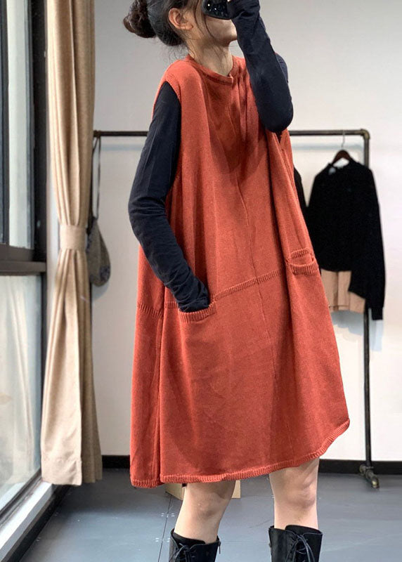 French Orange Red O-Neck Pockets Fall Sweater Dress Knit Vest