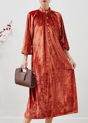French Orange Stand Collar Silk Velvet Long Dresses Fall