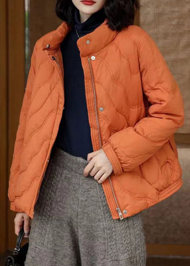 French Orange Stand Collar Zip Up Duck Down Jackets Winter