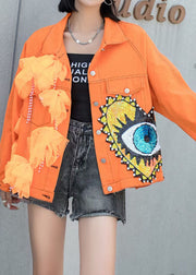 French Orange Tulle Pockets Sequins Nail Bead Patchwork Denim Coat Spring