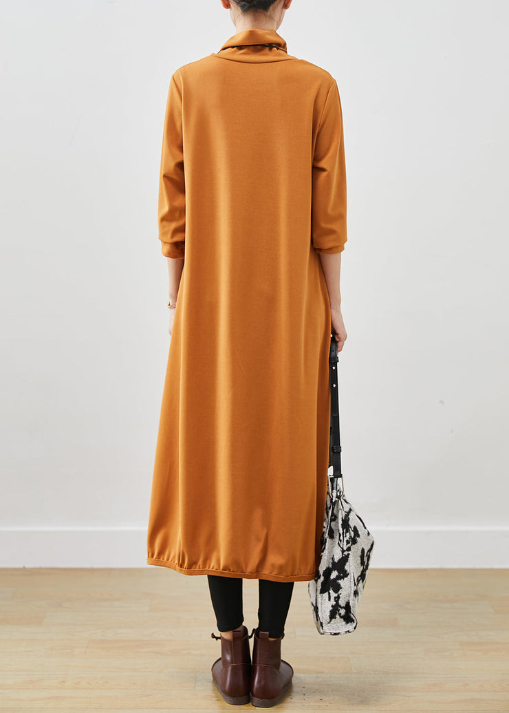 French Orange Turtle Neck Warm Fleece Robe Dresses Fall