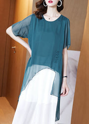 French Peacock Blue O-Neck Asymmetrical Patchwork Chiffon Shirts Tops Summer