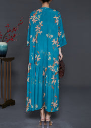 French Peacock Blue Print Wrinkled Silk Holiday Dress Summer