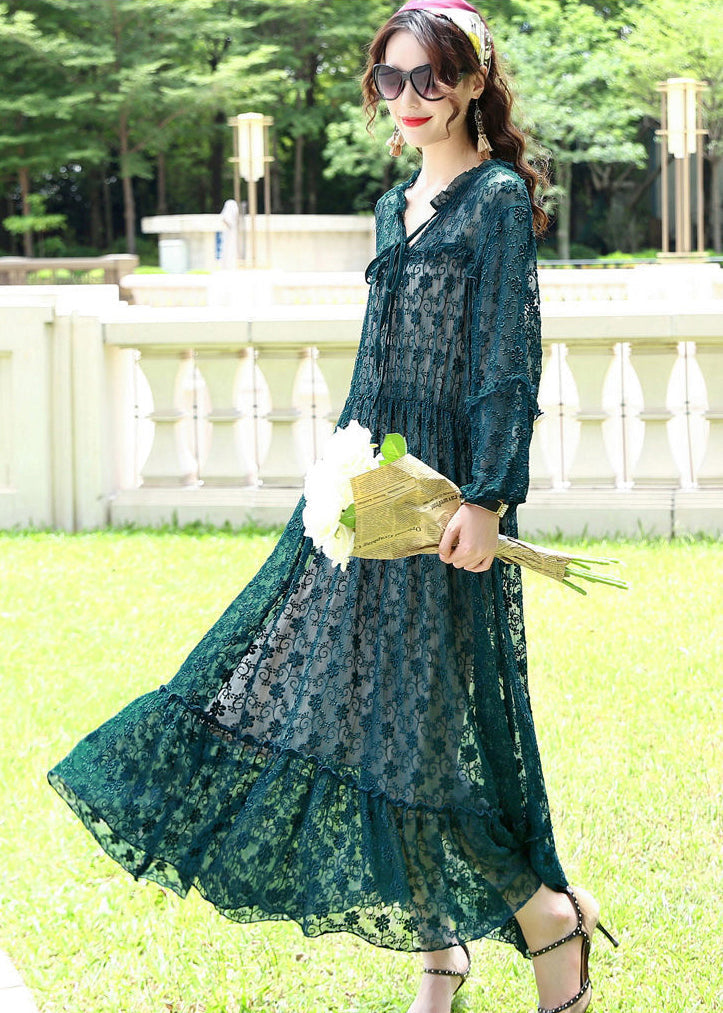 French Peacock Blue Ruffled Exra Large Hem Silk Long Dress Spring