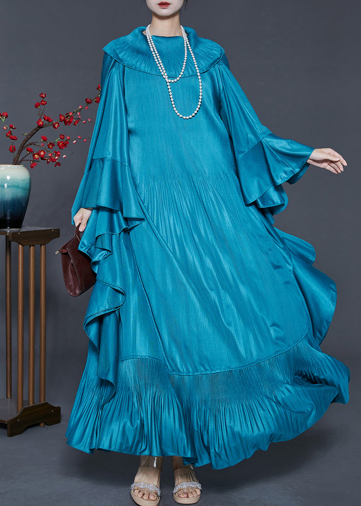French Peacock Blue Ruffled Patchwork Wrinkled Silk Maxi Dresses Fall