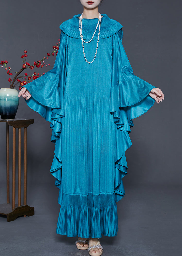 French Peacock Blue Ruffled Patchwork Wrinkled Silk Maxi Dresses Fall