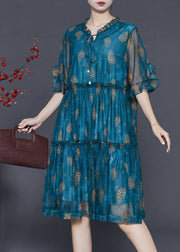 French Peacock Blue Ruffled Print Tulle Tea Dress Summer