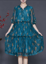 French Peacock Blue Ruffled Print Tulle Tea Dress Summer