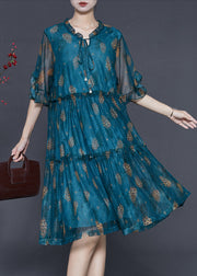 French Peacock Blue Ruffled Print Tulle Tea Dress Summer