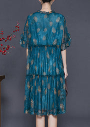 French Peacock Blue Ruffled Print Tulle Tea Dress Summer