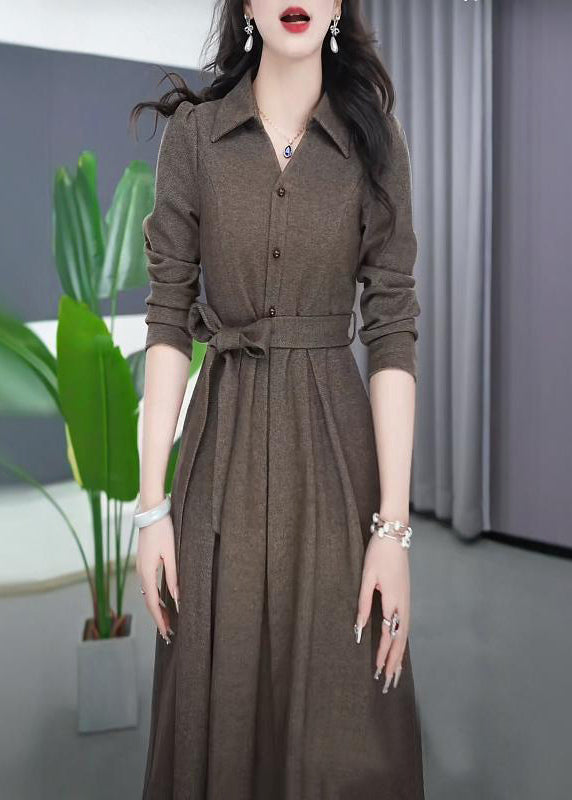 French Peter Pan Collar Tie Waist Flattering Button Maxi Dress Spring