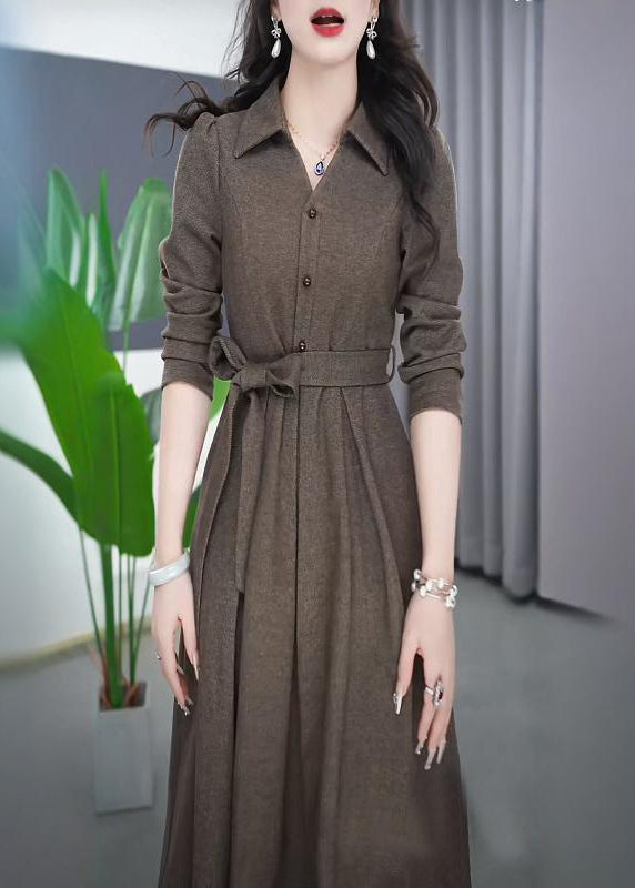 French Peter Pan Collar Tie Waist Flattering Button Maxi Dress Spring