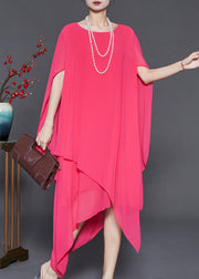 French Pink Asymmetrical Chiffon Beach Dresses Cloak Sleeves