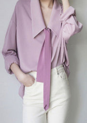 French Pink Bow Solid Chiffon Shirts Long Sleeve