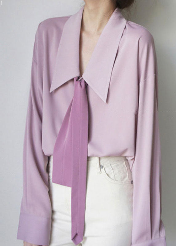 French Pink Bow Solid Chiffon Shirts Long Sleeve