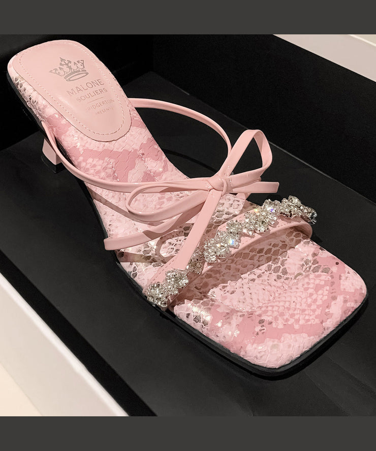 French Pink Bow Zircon High Heels Slide Sandals Peep Toe