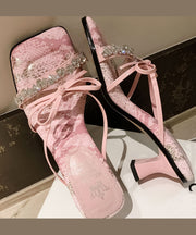 French Pink Bow Zircon High Heels Slide Sandals Peep Toe