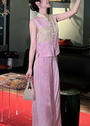 French Pink Button Waistcoat And Wide Leg Pants Silk Two Piece Set Sleeveless