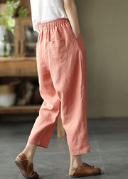 French Pink Casual Loose Patchwork Summer Linen Pants - SooLinen