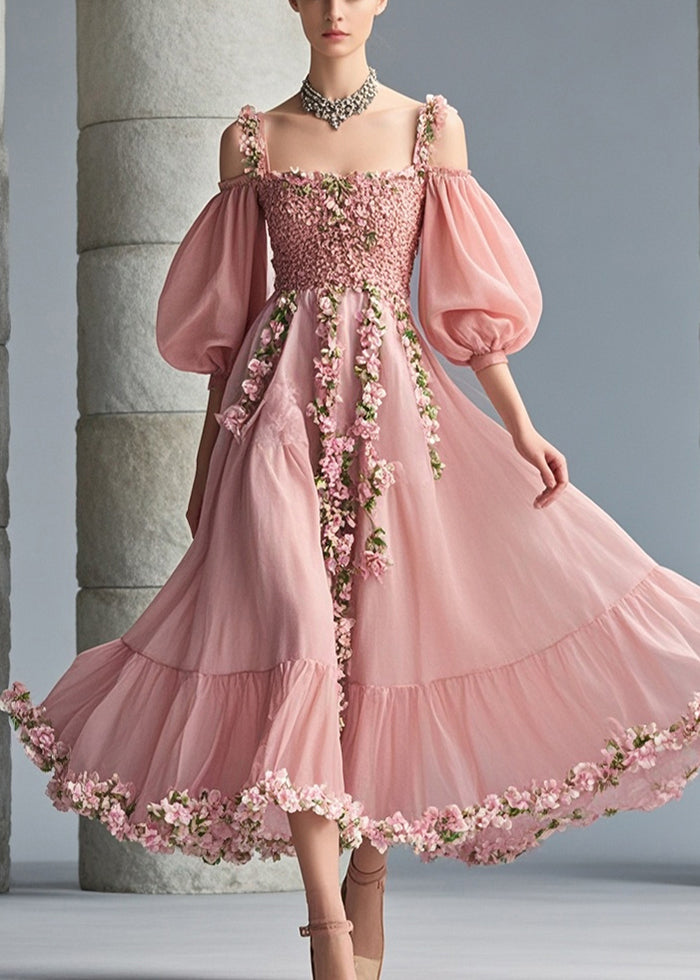 French Pink Cold Shoulder Three-dimensional Floral Chiffon Party Dress Puff Sleeve