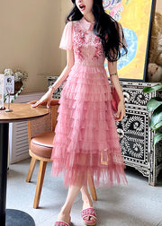 French Pink Embroidered Ruffled Patchwork Tulle Dresses Summer