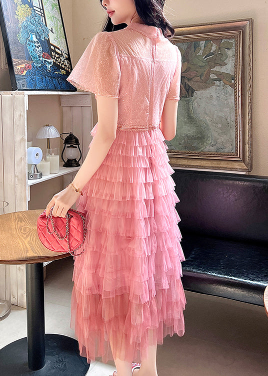 French Pink Embroidered Ruffled Patchwork Tulle Dresses Summer