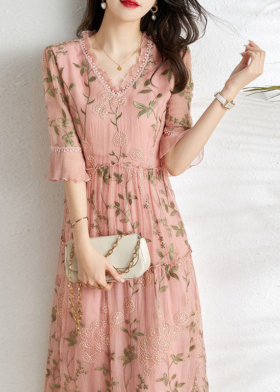 French Pink Embroidered Patchwork Wrinkled Tulle Dress Summer