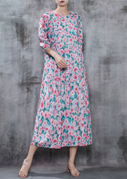 French Pink Floral Print Cotton Long Dress Summer