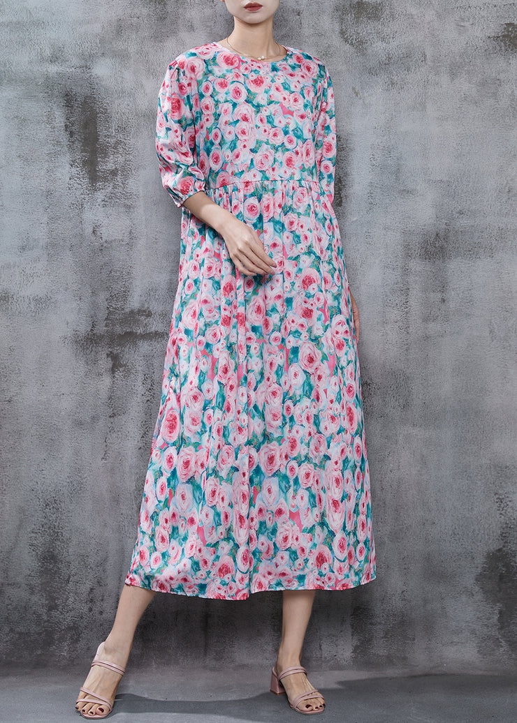 French Pink Floral Print Cotton Long Dress Summer