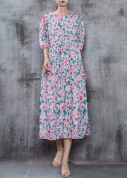 French Pink Floral Print Cotton Long Dress Summer