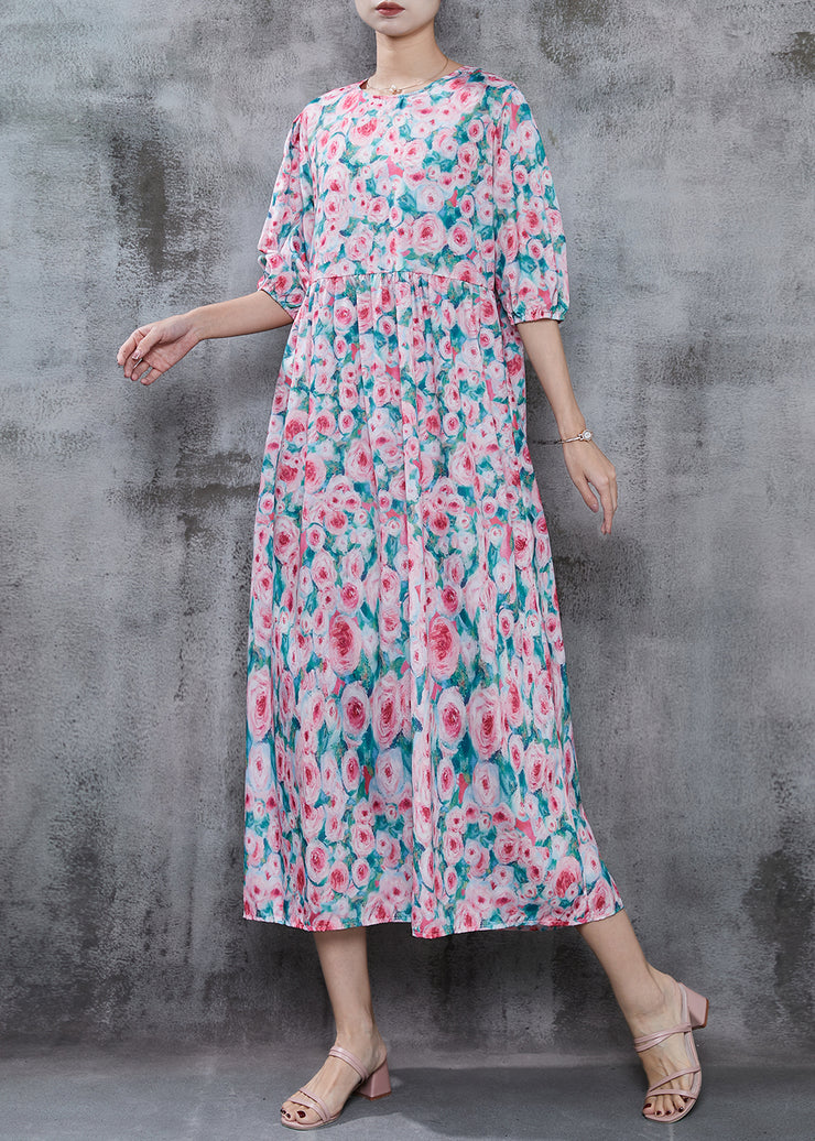 French Pink Floral Print Cotton Long Dress Summer