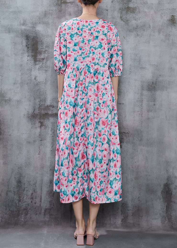 French Pink Floral Print Cotton Long Dress Summer