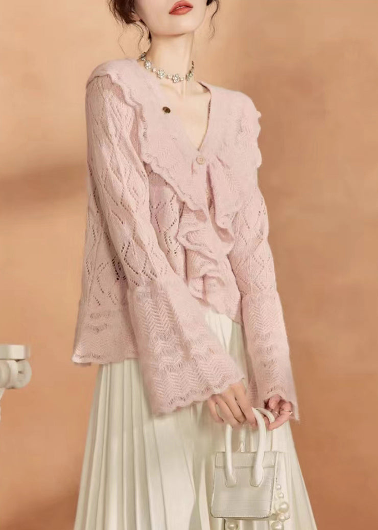 French Pink Hollow Out Button Knit Cardigan Long Sleeve