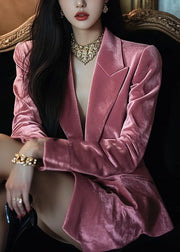 French Pink Notched Pockets Velvet Suit Coat Fall