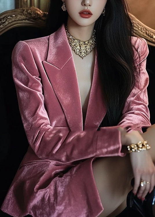 French Pink Notched Pockets Velvet Suit Coat Fall