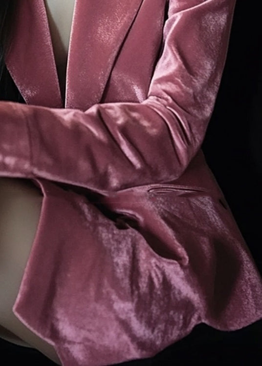 French Pink Notched Pockets Velvet Suit Coat Fall