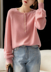 French Pink O Neck Button Cozy Knit Sweater Spring