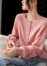 French Pink O Neck Button Cozy Knit Sweater Spring