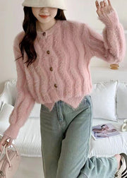 French Pink O Neck Button Mink Hair Knitted Cardigan Spring