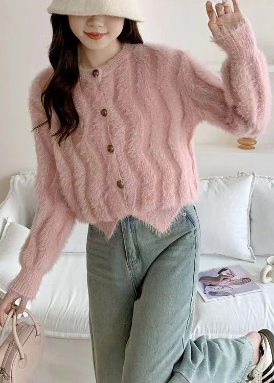 French Pink O Neck Button Mink Hair Knitted Cardigan Spring