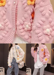 French Pink O Neck Floral Patchwork Knit Cardigan Fall