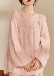 French Pink O Neck Hollow Out Knitted Sweaters Tops Spring