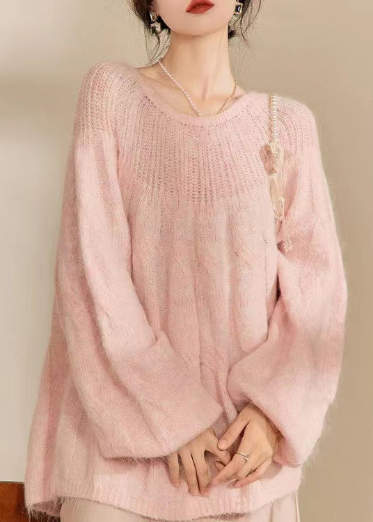 French Pink O Neck Hollow Out Knitted Sweaters Tops Spring