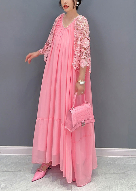 French Pink O Neck Nail Bead Lace Patchwork Chiffon Dresses Summer