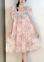 French Pink O-Neck Print Cotton Mid Dresses Petal Sleeve
