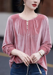 French Pink O Neck Wrinkled Velour Top Spring