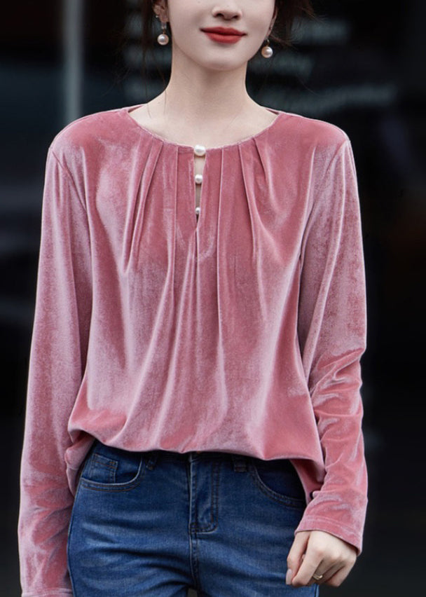 French Pink O Neck Wrinkled Velour Top Spring